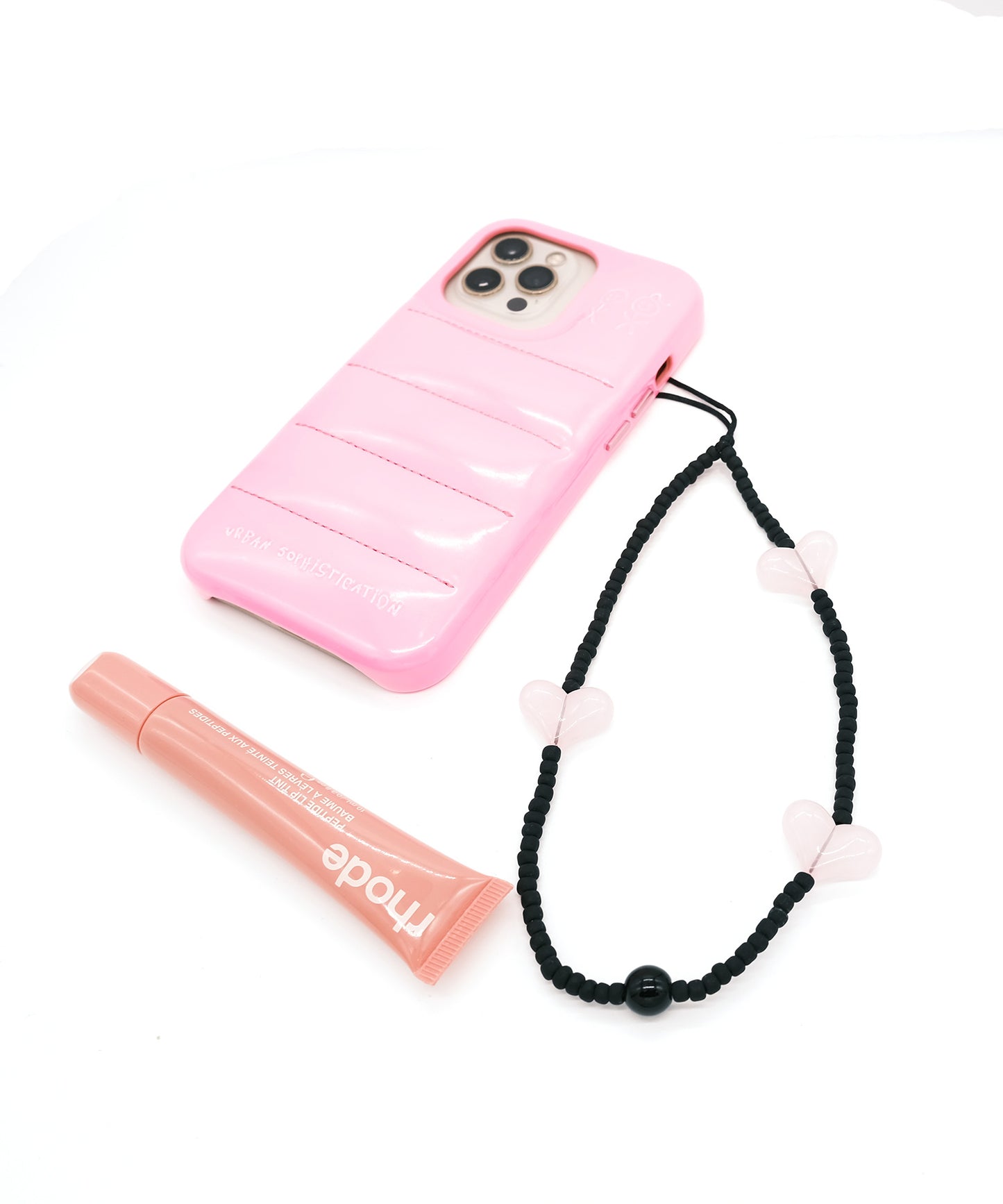 pink three hurt phone strap/携帯ストラップ/スマホ(ピンクxブラック)
