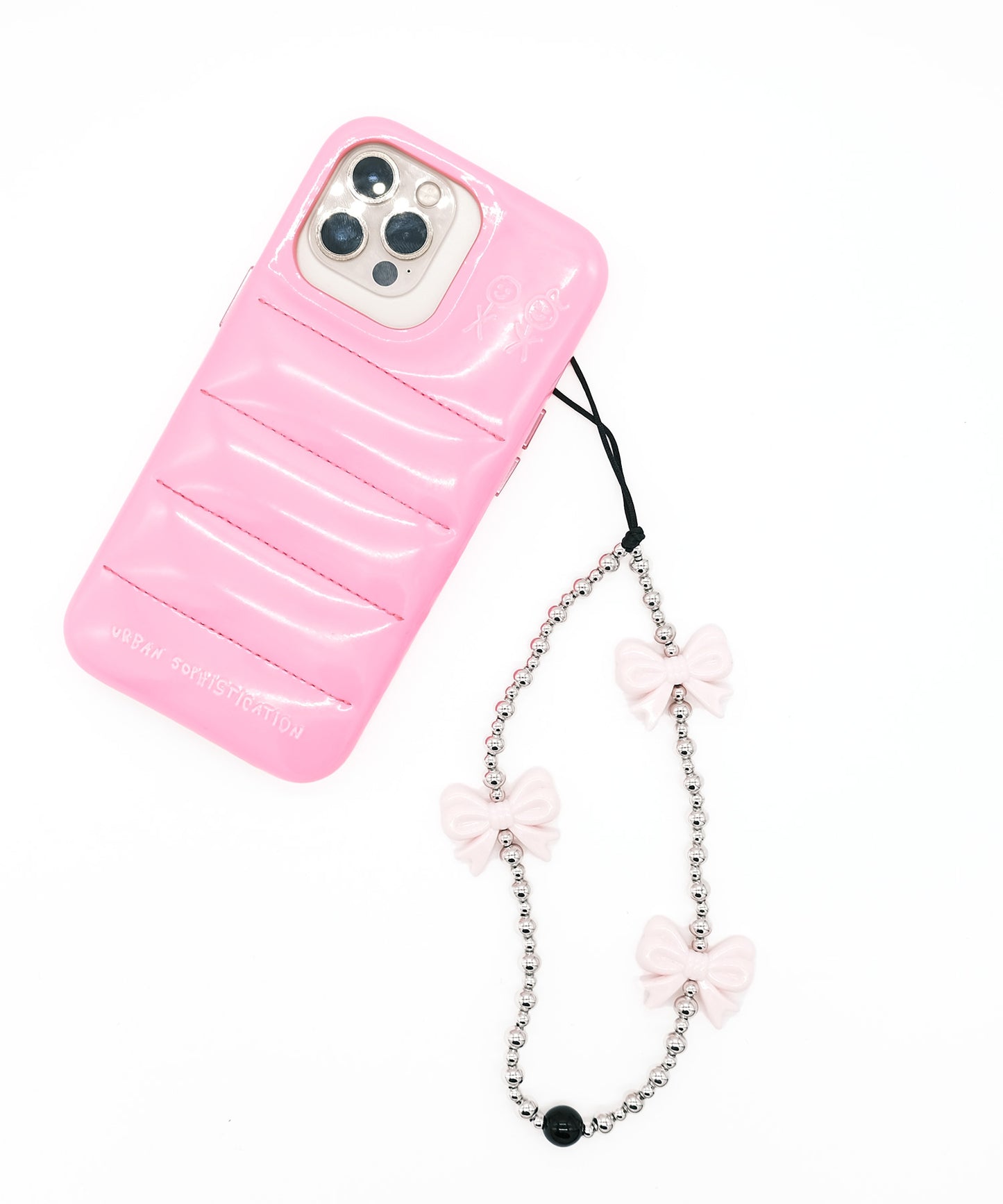 ribbon phone strap/携帯ストラップ/スマホ(ピンクxシルバー)